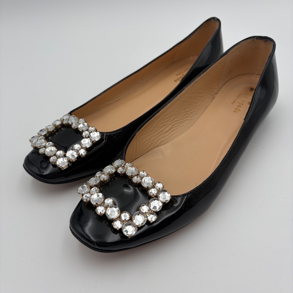 Kate Spade New York Black Patent Leather Crystal Buckle Square Toe Flats 9B